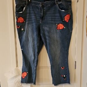 Who What Wear Blue Jeans with Red Floral Embroidery